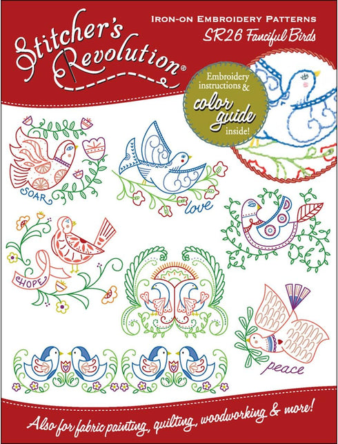Stitcher's Revolution Aunt Martha's Fanciful Birds Iron-On Transfer Pattern for Embroidery, by The Yard, Multicolored...