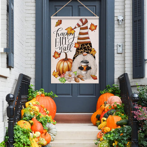 Happy Fall Y'all Coffee Gnome Pumpkin Large House Flag Double Sided, Autumn Maple Leaf Leopard Striped Decorative Garden Yard Outdoor Decor, Thank...
