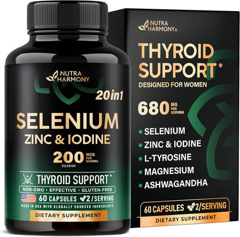 Thyroid Support for Women - Selenium 200 mcg | Zinc & Iodine | L-Tyrosine | Magnesium | Adaptogen Herbs - 20-in-1 Antioxidant & Immune Support - V...