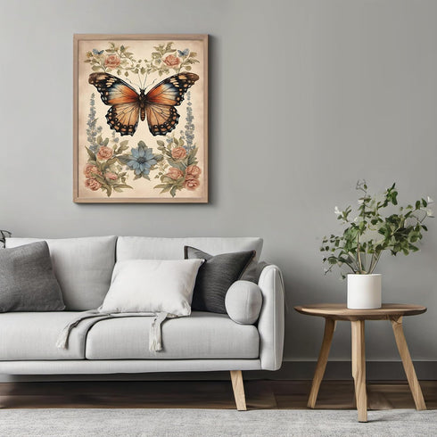 Posterizer 1 pcs- Orange butterfly with wild blue and red flowers-Art for Animal Lovers-Floral Botanical Art- Gift for Men Women Teens-Decor for ...