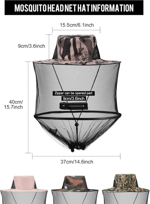 4 Pieces Mosquito Head Mesh Mosquito Cap Net Hat Face Cover with Zipper Foldable Fly Protection Netting Hat for Fishing Hiking Gardening, 4 Colors...