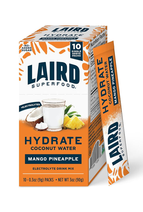 Laird Superfood Hydrate Coconut Water – Electrolyte Drink Mix – Mango Pineapple, 10 Single Serve Sticks – 0g Added Sugar – No Artificial Ingredien...