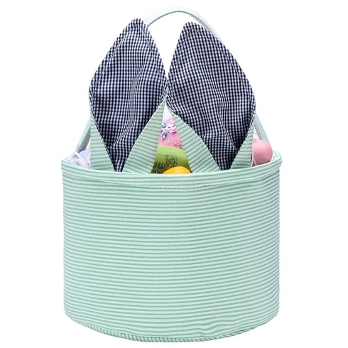 Easter Bunny Basket Seersucker Egg Bags for Kids,Personalized Candy Egg Basket Rabbit Print Buckets with Fluffy Tail Gifts Bags for Easter?Seersuc...