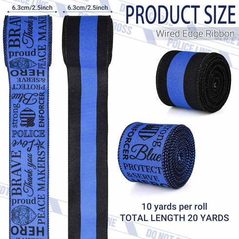 2 Rolls 20 Yards Police Support Wired Edge Ribbon, 2.5"Blue Black Stripe Police Badge Burlap Ribbon Memorial Day Patriotic Ribbons for Wreath Bow ...