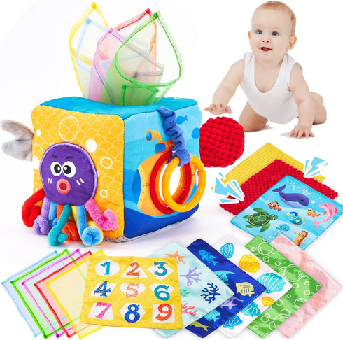 hahaland Baby Tissue Box Toy - Baby Toys 6-12 Months Montessori Toys for 6 Month Old Toys with Textured Tails, Cloth Tissues, Crinkle, Squeaky Sou...
