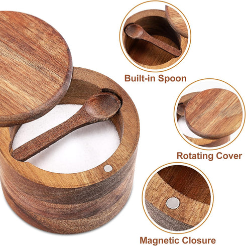 Acacia Wood Salt and Pepper Bowl, Nature Wood Salt Cellar and Spices Storage Box With Built-in Spoon and Magnetic Swivel Lid (Single Compartment)...