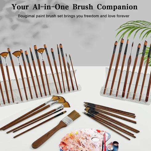 Bougimal 32 Pieces Paint Brush Set, Artist Upgrade Series, Nylon Bristles with Round, Filbert, Flat, Fan, Angle, Fine Detail Brush, Suitable for A...
