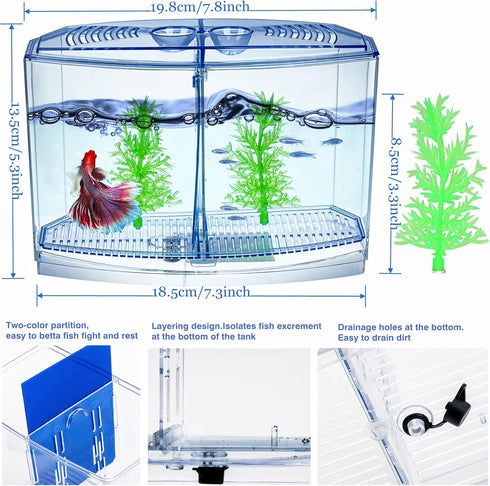 Mini Fish Tank with Divider, Small Beta Fish Tank Shrimp Tank Small Aquarium, 2/5 Gallon Double-Compartment Temporary Tank - Acrylic Aquarium Habi...