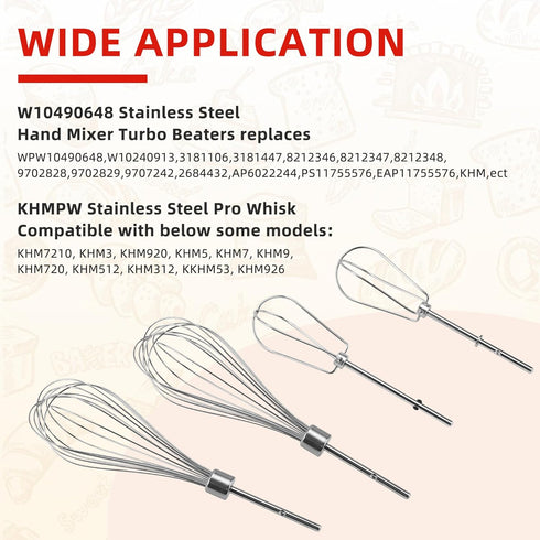 Fetechmate KHM2B W10490648 Hand Mixer Turbo Beaters (2 Pack) & KHMPW Stainless Steel Pro Whisk(2 Pack)-Replace AP5644233, PS4082859, KHM2B, KHM512...