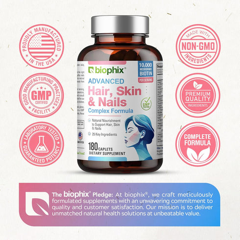 biophix Hair Skin and Nails Complex 180 Caplets with 10,000 mcg Biotin - Multivitamin Supports Strong Nails Beautiful Hair Healthy Aging...