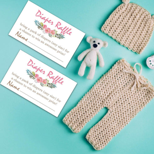 Pink Flowers Diaper Raffle Tickets for Baby Shower Invitation Inserts - 50 Baby Shower Game Cards....