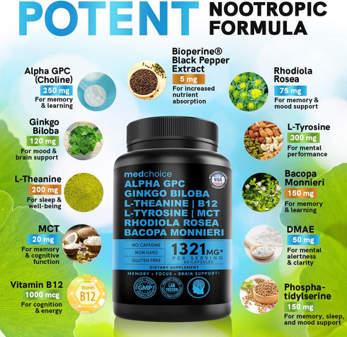 11-in-1 Nootropic Brain Supplements: Memory & Focus Supplement with Ginkgo Biloba, L Theanine, Bioperine, & Alpha GPC Choline - 1321mg, 60ct - Sti...