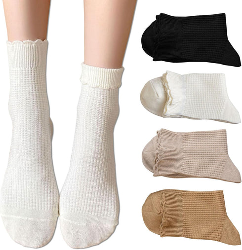 Women Cute Ruffle Frilly Turn Cuff Ankle Socks Scalloped Pointelle Solid Casual Crew Socks 4 Pairs...