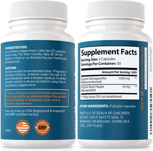 Dr. Tobias Ashwagandha Capsules, 1300mg Organic Ashwagandha Root Extract Per Serving with Black Pepper, Calming Adaptogen, Energy & Focus Suppleme...