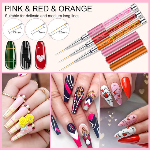 Saviland 6pcs Nail Art Liner Brushes Set - Nail Gel Polish Painting Nail Art Design Brush Pen Set with Crushed Diamond Rhinestones Handle for Pull...