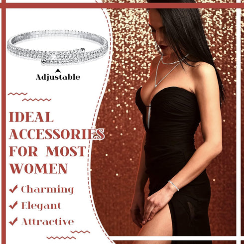 Meanplan Silver Bling Clutch Purse Rhinestone Jewelry Set 4 Pieces Crystal Dangle Fringe Earrings Bridal Wedding Choker Necklace Bracelet and Even...