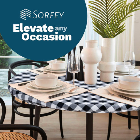 Sorfey Round Tablecloth -Fitted with Elastic, Vinyl with Flannel Back, Fits for Table 30 Inches Round,Water Proof, Easy to Clean, Checked Blue Des...
