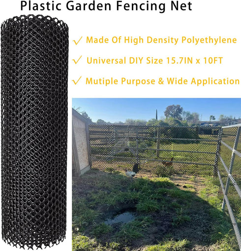 Plastic Chicken Wire Fence Mesh 15.7IN x 10FT Hexagonal Plastic Poultry Netting for Chicken, Black Upgraded Plastic Garden Mesh Fencing for Garden...