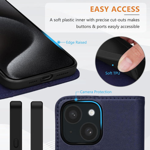 Wallet Case for iPhone 15 Plus 6.7",Genuine Leather Flip Folio Book Case Compatible with Magsafe,RFID Blocking Magnetic Card Slot Kickstand Phone ...