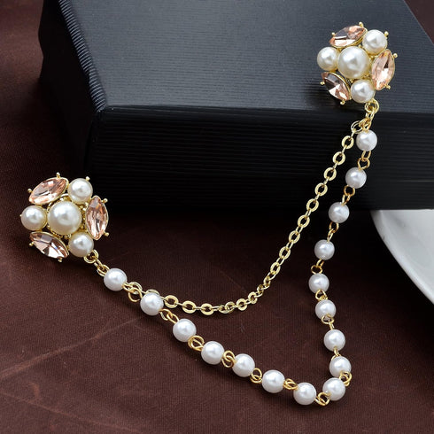 Champagne Tone Crystal Pearl Daisy Flower Brooches Pins with Pearl Chain Tassel Sweater Guard Clip Pin...