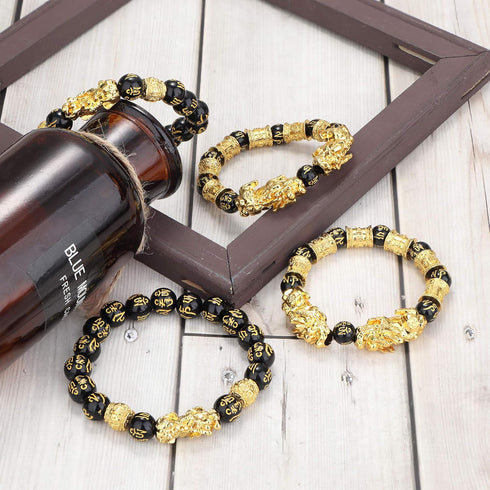 Udalyn 4 Pcs Feng Shui Black Obsidian Wealth Bracelet for Men Women Good Luck Charms Bead Bracelets Attract Wealth Money Adjustable Mens Pixiu Bra...