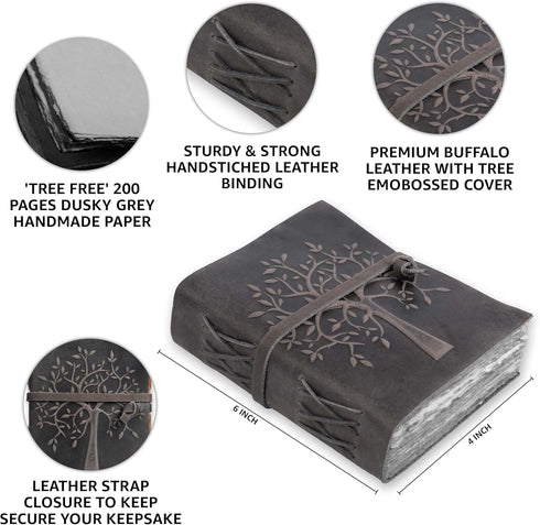 LEATHER VILLAGE Tree of Life Journal - 6 X 4 (A6) inches - Rustic Black - 200 Antique Deckle Edge Handmade Paper – Book of Shadows - Vintage Leath...
