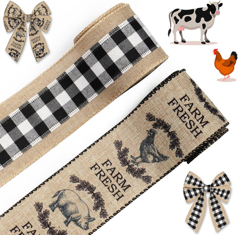2 Roll 10 Yards Farm Ribbons, 2.5" Rooster Wired Edge Burlap Ribbon Black White Buffalo Plaid Ribbon Farm Fresh Gift Wrapping Ribbon for Home Part...