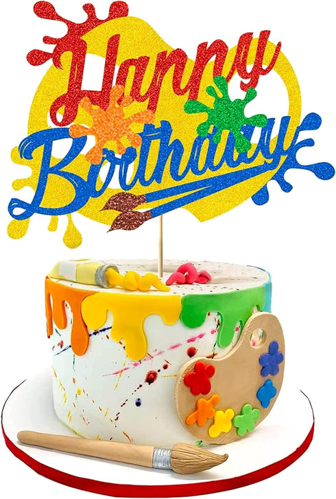 Painting Cake Topper Glitter Art Brush Palette Themed Happy Birthday Cake Decoration for Girl Boy Kids Art Birthday Party Decorations (Double Side...