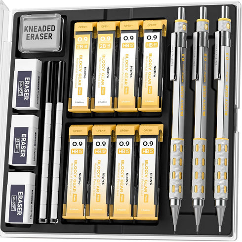 Nicpro Blocky Gear 0.9 mm Mechanical Pencils Set in Case, 3 Pack Metal Pencil 8 Tube with Lead Refills 0.9mm (HB 2B), 3 Erasers for Professional &...