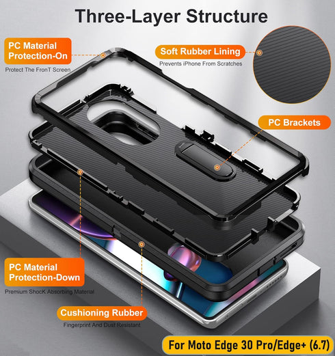 Case for Moto Edge 30 Pro/Edge+(2020) 6.7 Inch, Full Body Protection Heavy Duty Shock Absorbing 3 in 1 Silicone Rubber Built-in Stand with 2 Tempe...