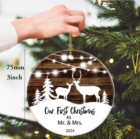Our First Christmas as Mr & Mrs Deer Christmas 2024 Tree Ornament - Couple Newlywed (White and Brown)...