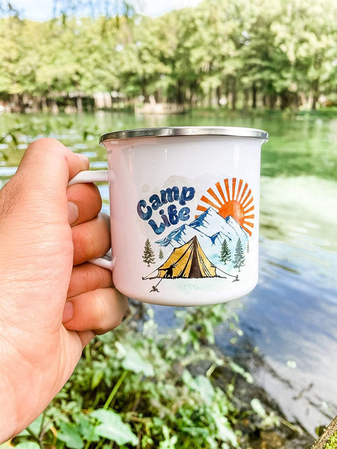 Camp Life Enamel Campfire Mug, Outdoor Camping Coffee Cup, Mountain Nature Hiking Lover Gift (12oz)...