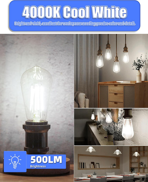 MASTERY MART Dimmable E26 Edison Bulbs 6 Pack, 5.5W (60W Equivalent), Cool White 4000K, Clear Glass ST19 ST21...