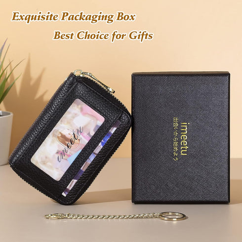 imeetu RFID Credit Card Wallet, Genuine Leather Zipper Card Case Holder with Removable Keychain(Black)...
