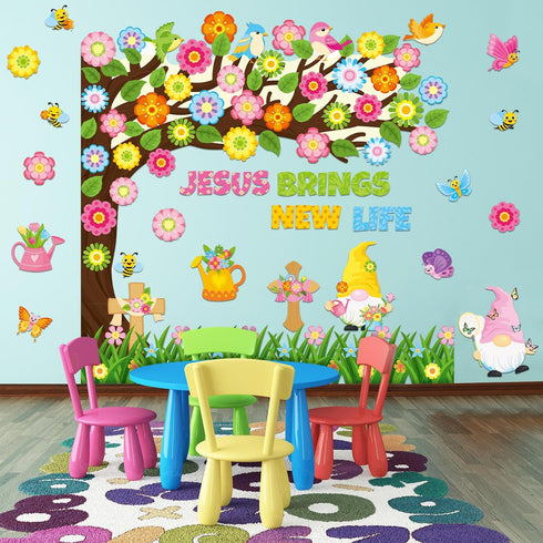 Zonon 114 Pcs Christian Spring Classroom Bulletin Board Decorations Flower Tree Bulletin Board Set Religious Spring Cutouts for Sunday School Kids...
