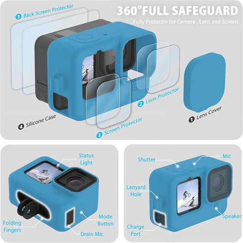 FitStill Blue Silicone Sleeve Case for Go Pro Hero 11 Hero 10 Hero 9 Black, Battery Side Cover&Screen Protectors&Lens Caps&Lanyard for Go Pro Hero...