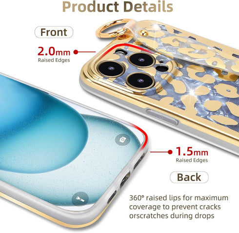 for iPhone 13 Pro Wrist Band Kickstand Cover Case Cheetah Print Ultra Slim IMD Shockproof Protection Holder Cover Case for Apple iPhone 13 Pro 6.1...