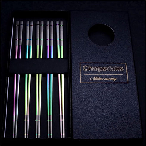 Reusable Chopsticks - Extra Long 9" - 5 Pairs per Pack - Made of Food-Safe Stainless Steel - Holographic Design - Asian Dining Utensils for Home K...