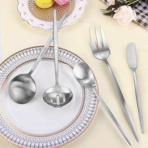 Serving Utensils Set, LAZAHOME Matte Silver 5-Piece Hostess Set, Stainless Steel Silverware Flatware Cutlery Serving Set for Dinner Parties Entert...