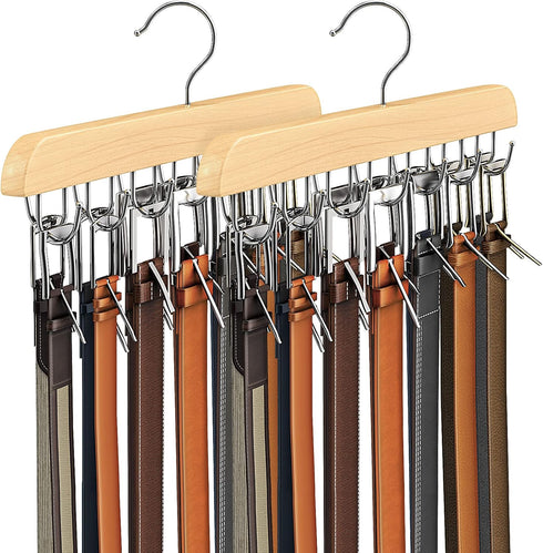 Belt Hanger for Closet, Sturdy Wood Belt Rack Closet Accessories with 14 Hooks Belt Organizer for Closet Organizers and Storage Max 42 Belts...