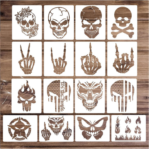 Skull Stencils for Painting On Wood Flame Skeleton Hand Finger Fire Templates for Airbrushing Art Crafts Plastic Reusable Wood Burning Stencils fo...