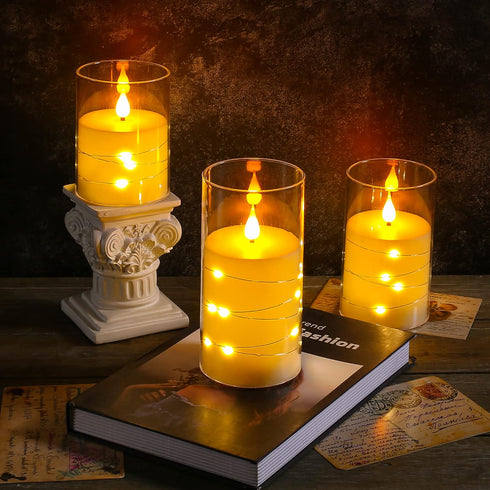 Da by Flameless Candle for Outdoor Use, Recessed String Light, Battery Powered LED Pillar Candle with Remote Control, Timer Function, 4" 5" 6", 3 ...