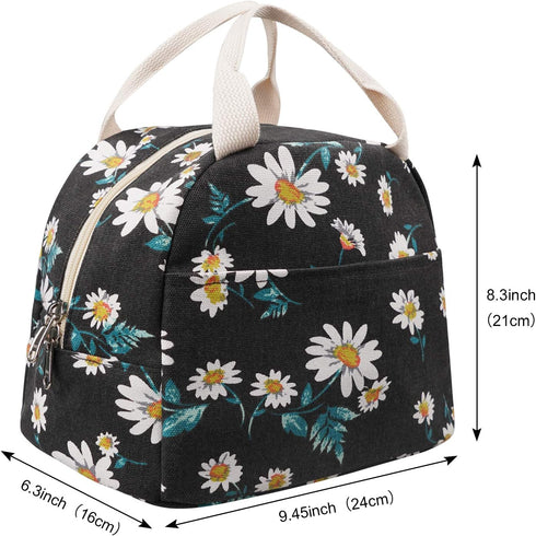 EurCross Women's Lunch Bags for Work with Chic Floral Daisy Pattern,Canvas Stylish and Insulated Black Lunch Tote Bento box Bag Carrier of On-the-...