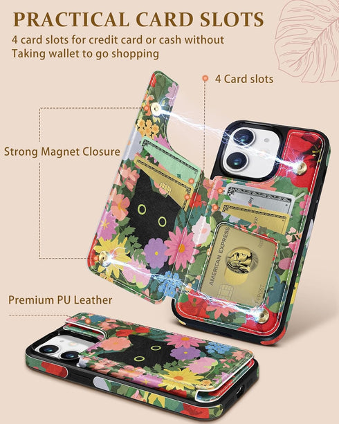 Shorogyt for iPhone 11 Wallet Case with Card Holder, Designer Floral Cat Pattern Kickstand Magnetic Clasp Back Flip Folio Leather Phone Cases for ...