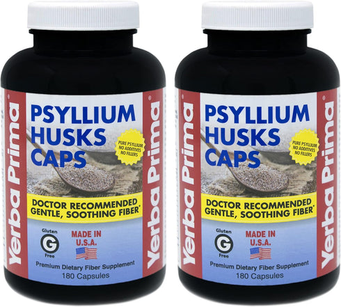 Yerba Prima Psyllium Husk Caps - 180 Capsules (Pack of 2) - Easy to Swallow Fiber Supplement - Colon Cleanse - Gut Health - Non-GMO Gluten Free...