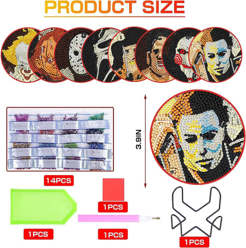 ICECHEN 8 Pcs Diamond Paintings Coasters Kits with Holder, DIY Halloween Coaster Diamond Art Kits,Full Drill Rhinestone Painting Kits for Adults &...