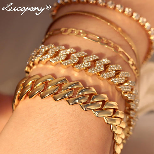 Gold Bracelets for Women, 14K Gold Plated Bracelets Sets for Women, 13mm/14mm Cuban Chain Bracelet Layered Link Chain Bracelets Pack Jewelry Full ...