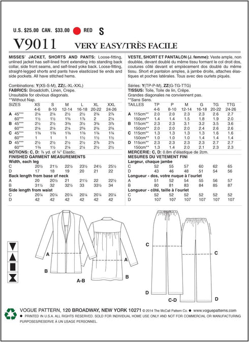 Vogue Patterns V9011 Misses' Jacket, Shorts and Pants Sewing Template, Size ZZ (LRG-XLG-XXL)...