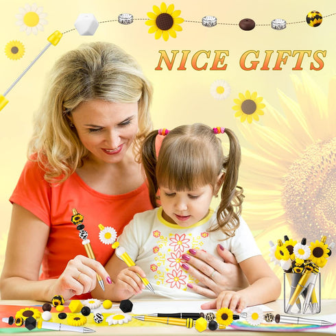 24 Pcs Plastic Beadable Pens Bead Pens Leopard Print Sun Flower Silicone Beads Pens 50 Spacer Beads DIY Black Ink Ballpoint Pen for Women Kids Off...