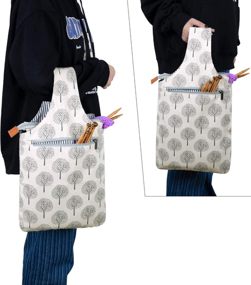 Teamoy Knitting Bag, Canvas Yarn Tote Project Bag for Knitting Needles, Yarn and Crochet Supplies, Perfect Size for Knitting on The Go, Tree...